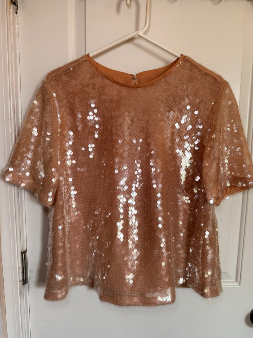 LOFT Rose Gold Champagne Sequin Short Sleeve Top Party Blouse Size XL